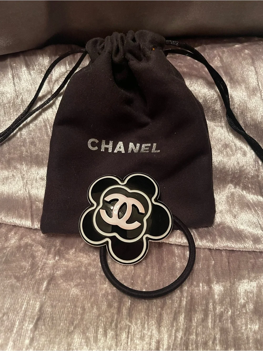 CHANEL Black & White Camellia CC Hair Tie